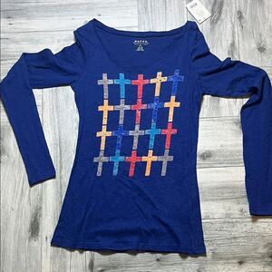 Roper Blue Long Sleeve Tee with Multicolor Crosses Small